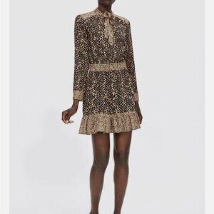 Zara Gold and Brown Sequin Ruffled Long Sleeve  neck tie dress